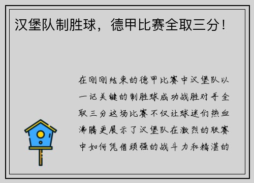 汉堡队制胜球，德甲比赛全取三分！