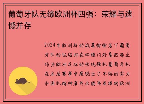 葡萄牙队无缘欧洲杯四强：荣耀与遗憾并存
