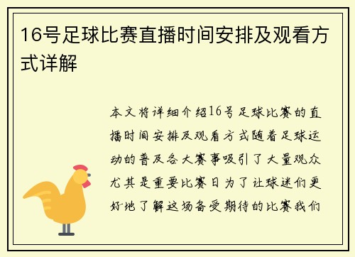 16号足球比赛直播时间安排及观看方式详解